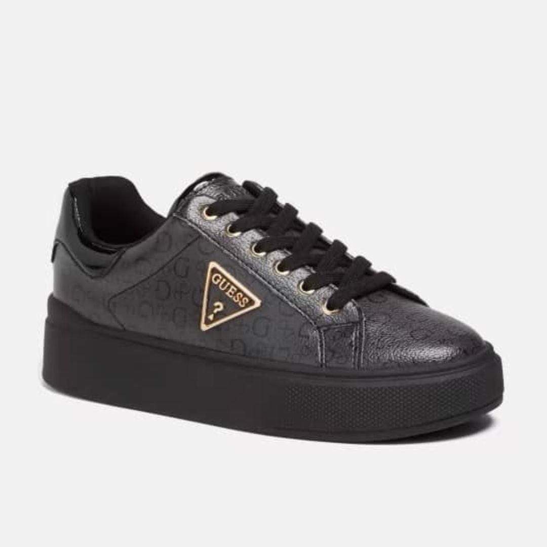 ZAPATILLAS GUESS MUJER PERHAPS NEGRO MONOGRAMA LOGO TRIANGULAR DORADO - 2
