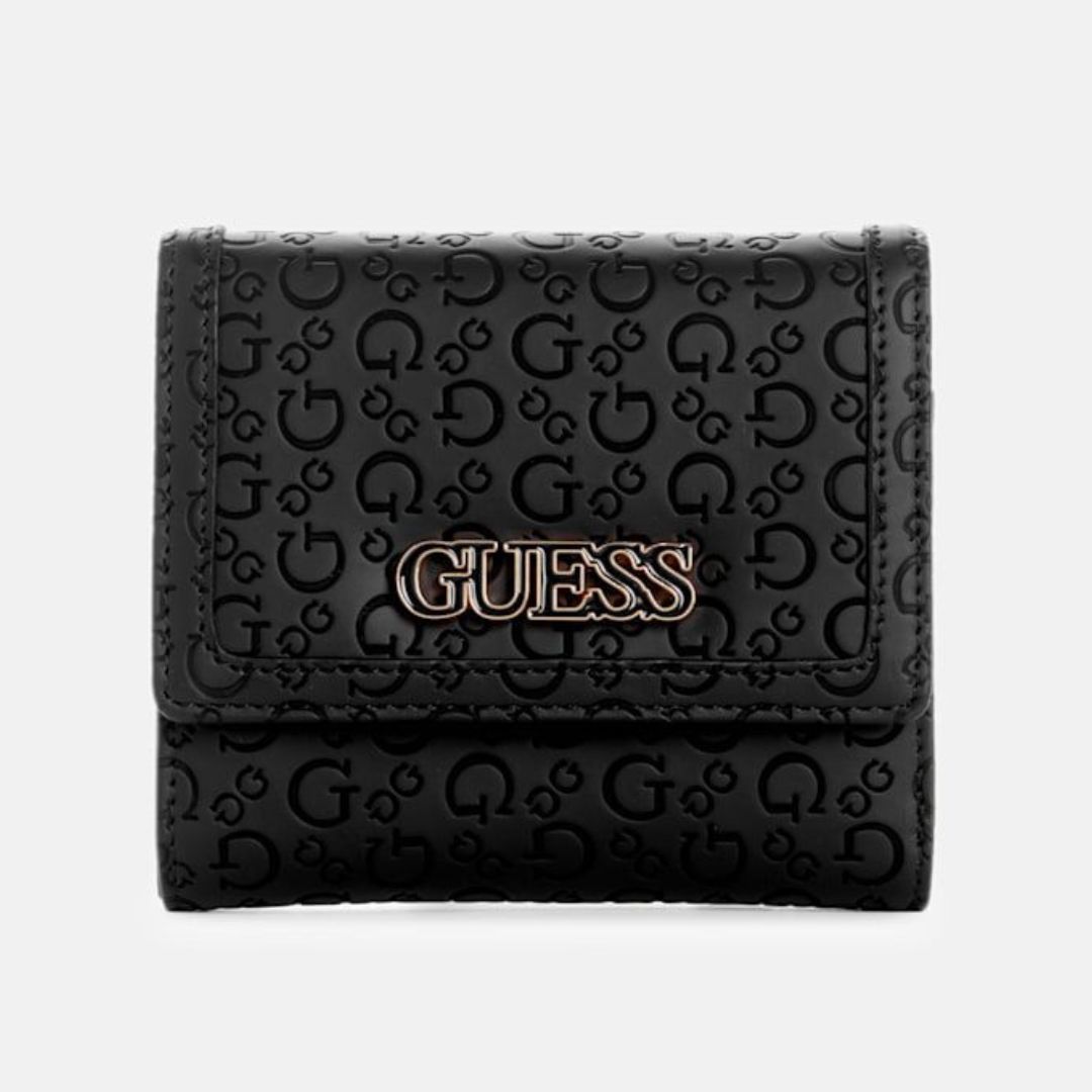 BILLETERA GUESS MUJER ZAKARIA TRIFOLD NEGRO LOGO MONOGRAMA 3 CUERPOS ALTO RELIEVE - 1