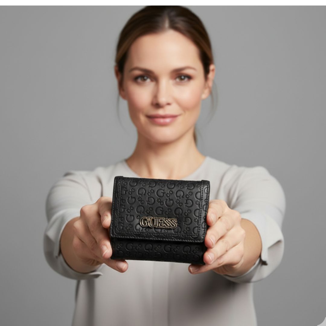 BILLETERA GUESS MUJER ZAKARIA TRIFOLD NEGRO LOGO MONOGRAMA 3 CUERPOS ALTO RELIEVE - 4