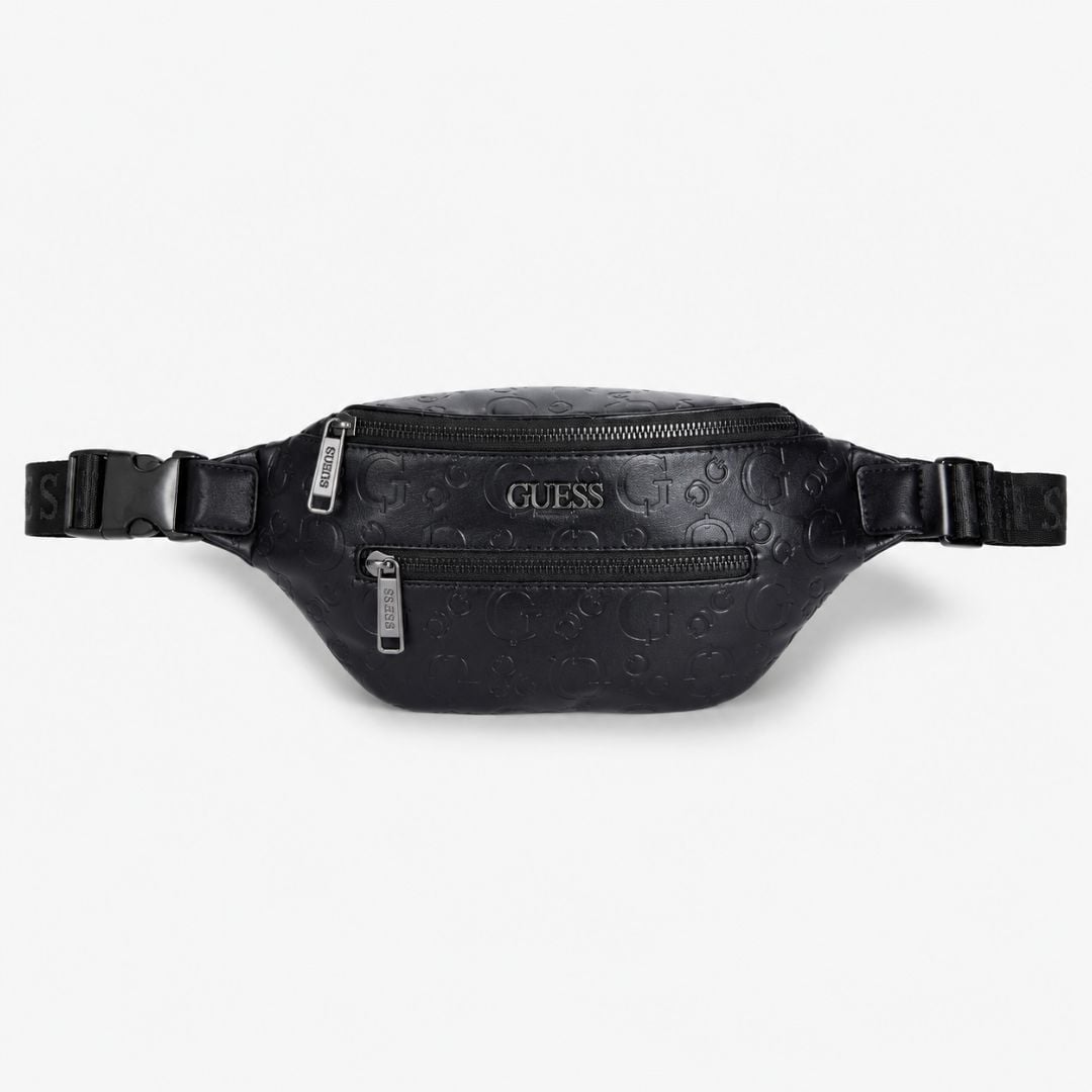 CANGURO GUESS HOMBRE GIO NEGRO LOGO MONOGRAMA AJUSTABLE DISEÑO EN ALTO RELIEVE - 1