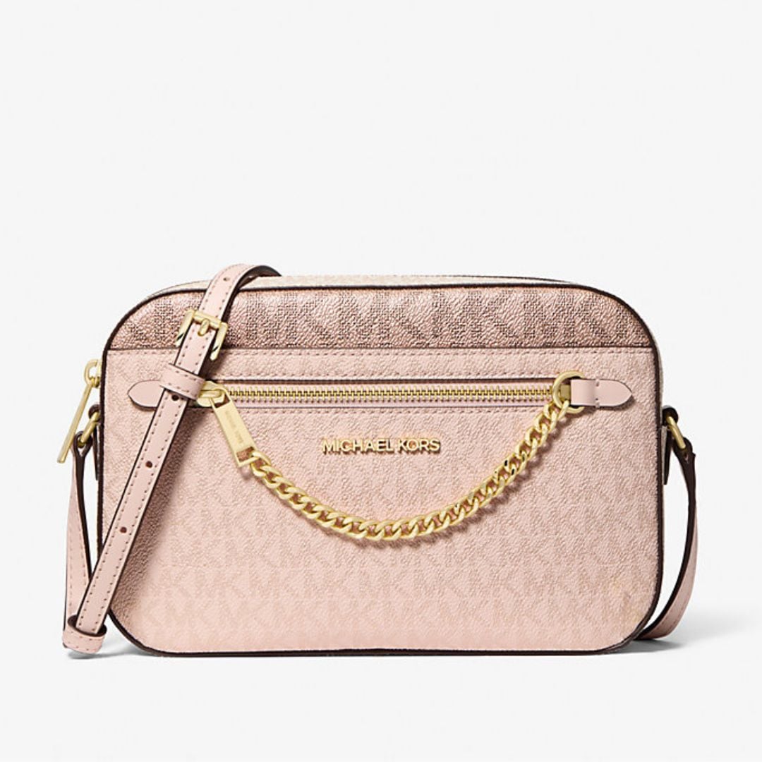 CARTERA MICHAEL KORS MUJER JET SET LOGO CROSSBODY ROSADO MONOGRAMA CADENA DORADA - 1