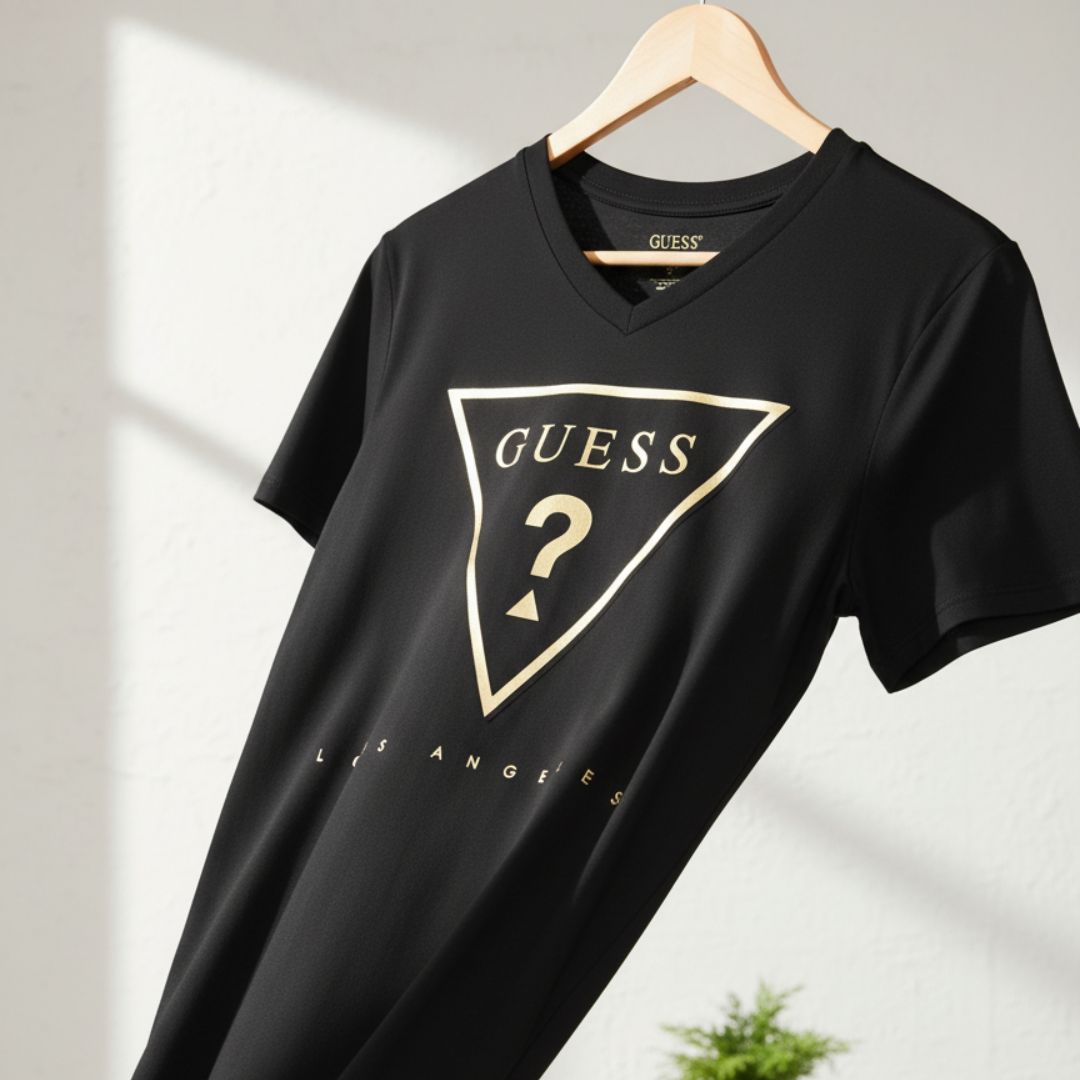 POLO GUESS HOMBRE TAFT LOGO TRIANGULAR NEGRO DORADO CUELLO V REGULAR FIT - 4