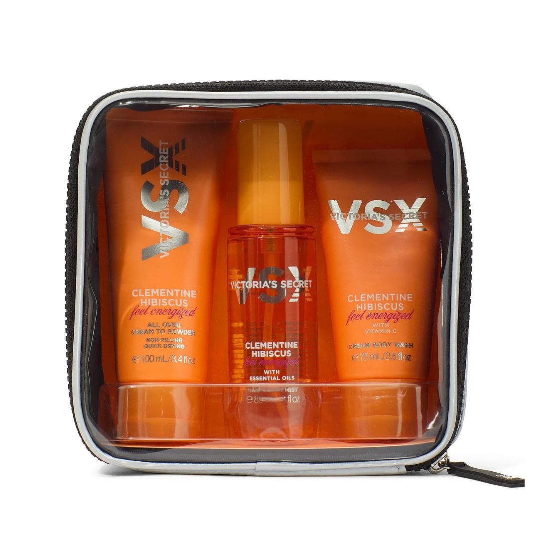 VICTORIAS SECRET SET VSX MUJER CLEMENTINE HIBISCUS FEEL ENERGIZED 3 PIEZAS CON ESTUCHE - 1