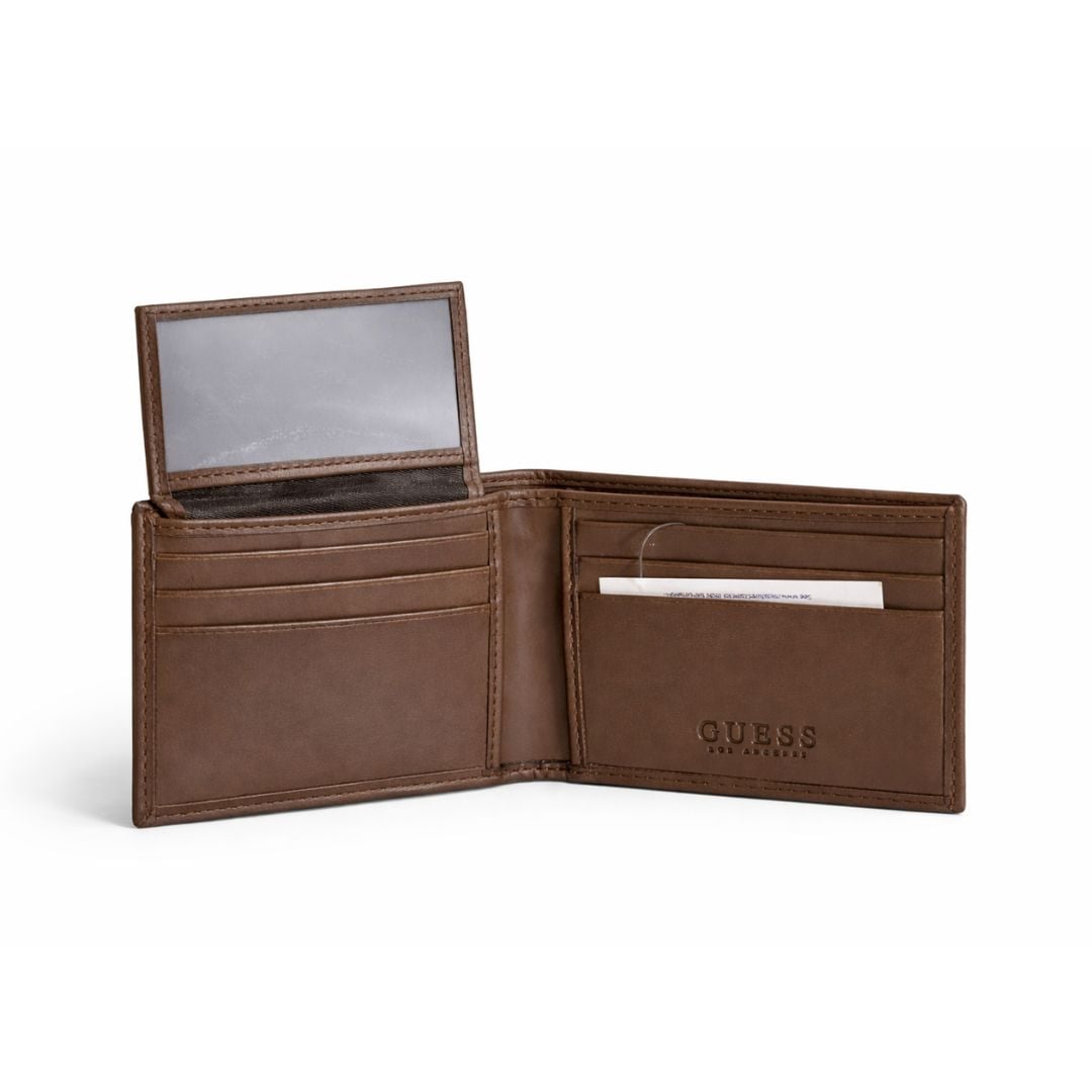 BILLETERA GUESS HOMBRE TRIFOLD MARRÓN LOGO MONOGRAMA COMPACTA CON CAJA DE REGALO - 2