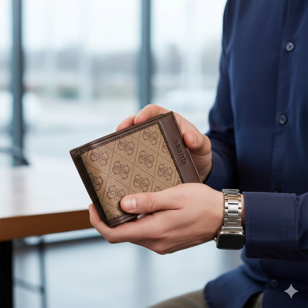 BILLETERA GUESS HOMBRE TRIFOLD MARRÓN LOGO MONOGRAMA COMPACTA CON CAJA DE REGALO - 4