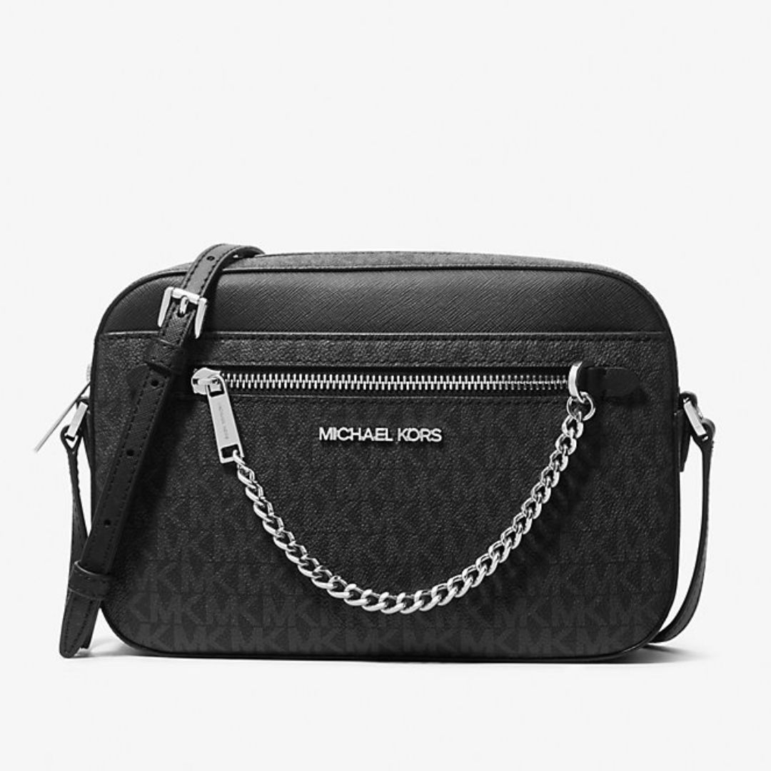 CARTERA MICHAEL KORS MUJER JET SET LOGO CROSSBODY NEGRO MONOGRAMA CADENA PLATEADA - 1