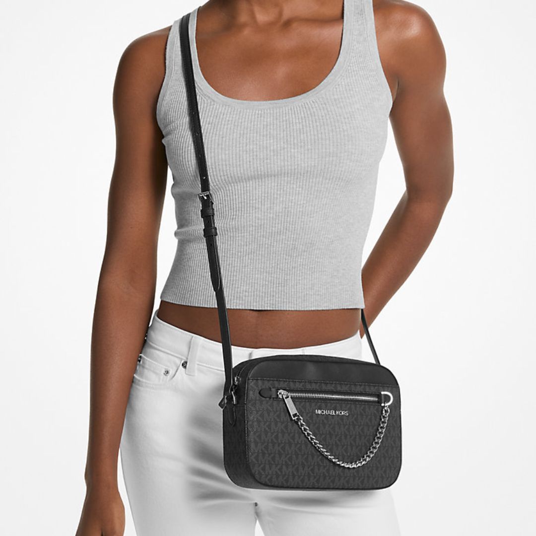 CARTERA MICHAEL KORS MUJER JET SET LOGO CROSSBODY NEGRO MONOGRAMA CADENA PLATEADA - 4