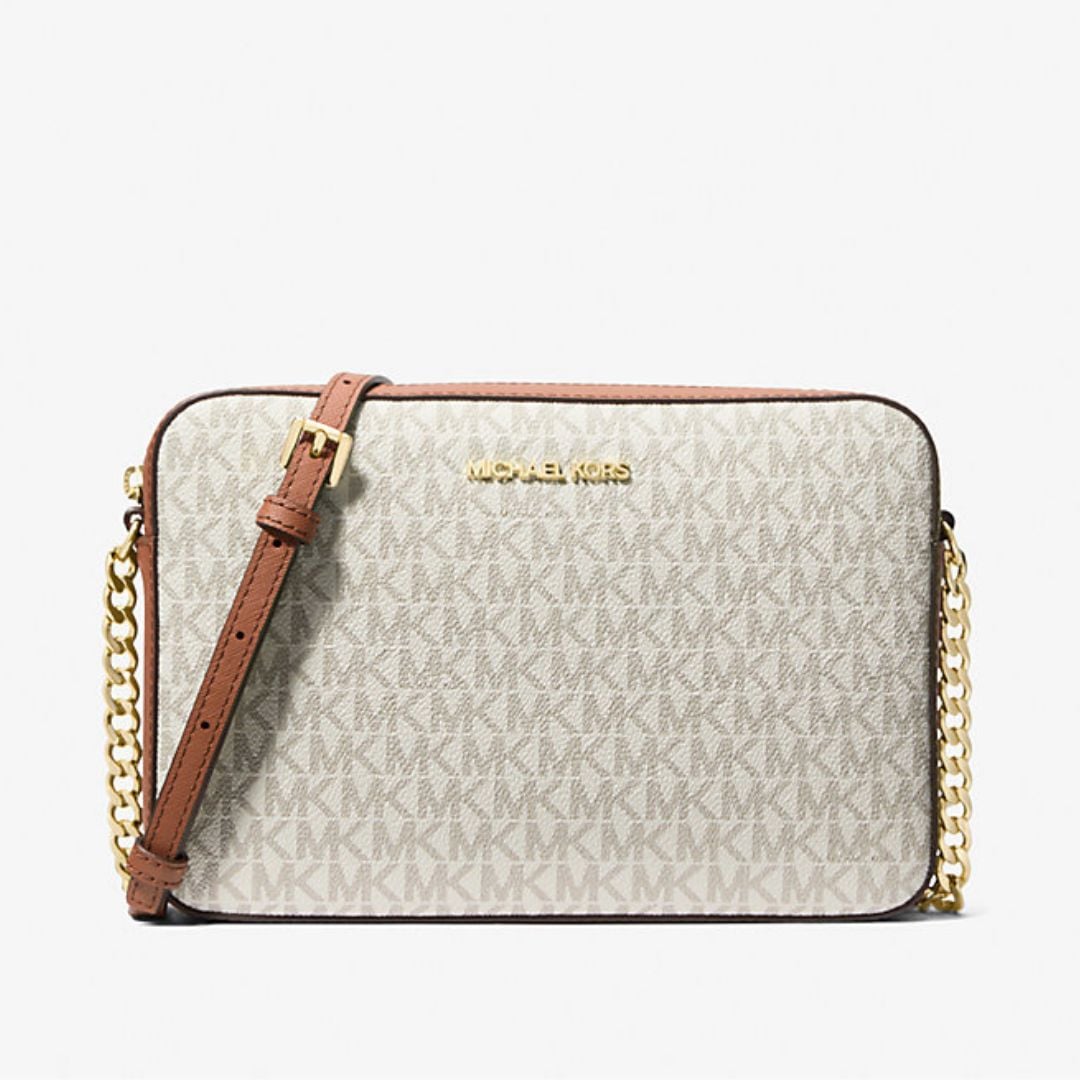 CARTERA MICHAEL KORS MUJER JET SET LOGO CROSSBODY BEIGE MONOGRAMA CADENA DORADA - 1
