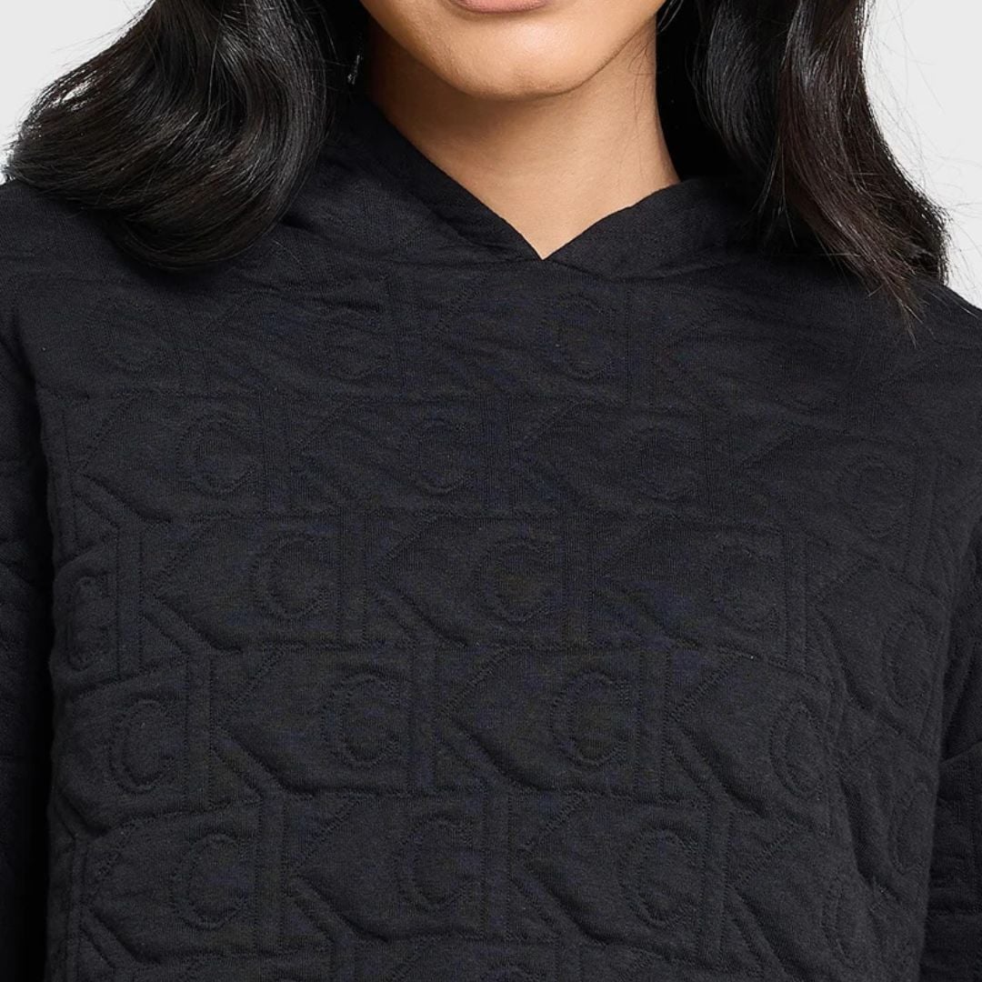 POLERA CALVIN KLEIN MUJER TERRY LOUNGE QUILTED HOODIE NEGRO MONOGRAMA - 3