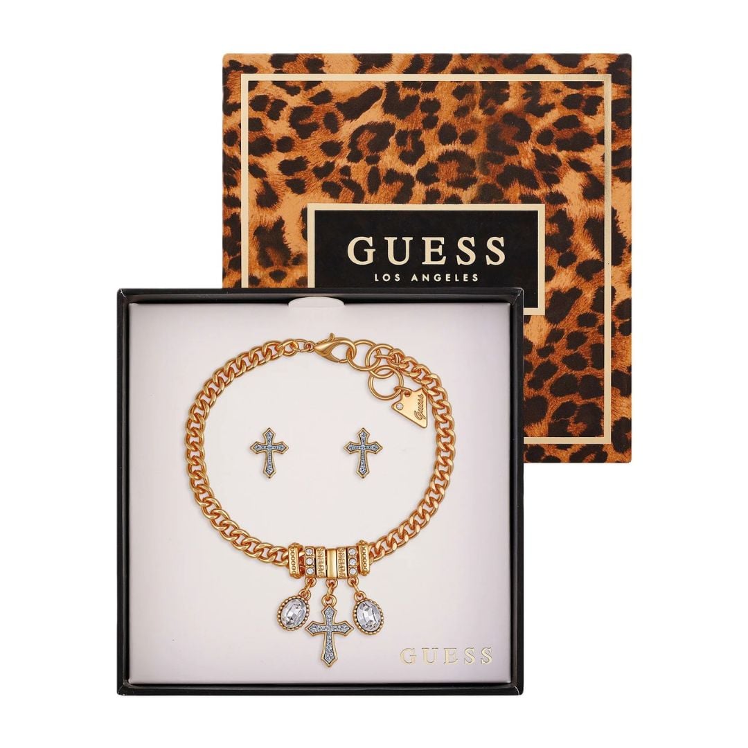 SET PULSERA Y ARETES GUESS MUJER DORADO CRUZ CON CRISTALES CAJA DE REGALO - 1