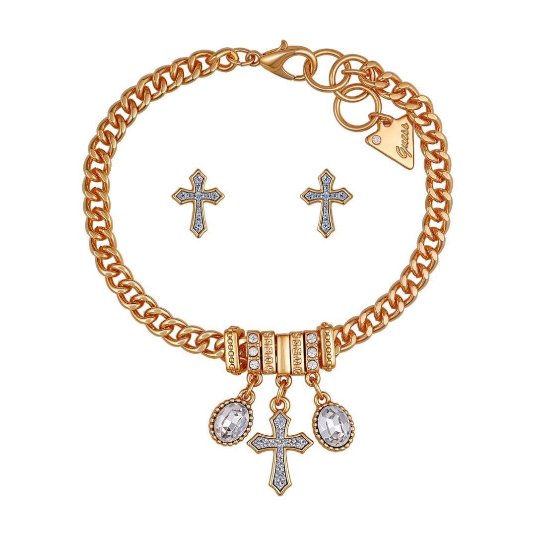 SET PULSERA Y ARETES GUESS MUJER DORADO CRUZ CON CRISTALES CAJA DE REGALO - 2