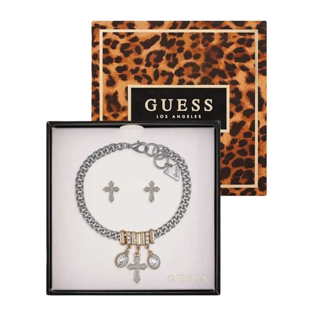 PULSERA Y ARETES GUESS PLATEADO DISEÑO CRUZ CON CRISTALES SET CAJA REGALO - 1