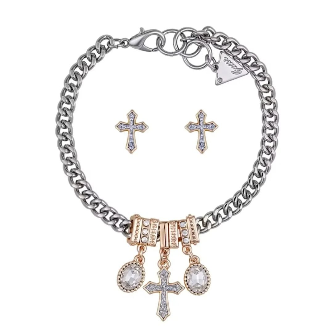 PULSERA Y ARETES GUESS PLATEADO DISEÑO CRUZ CON CRISTALES SET CAJA REGALO - 2