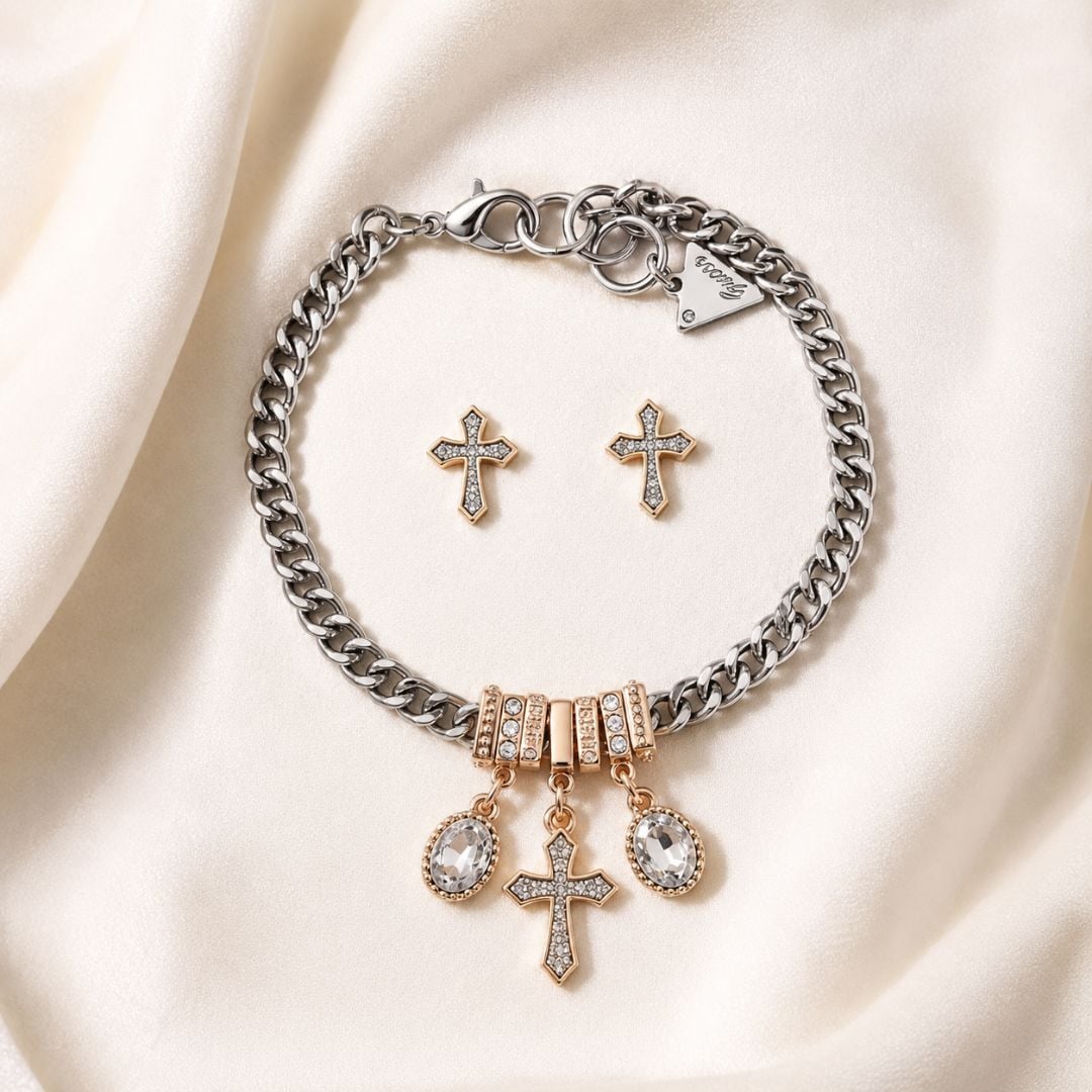PULSERA Y ARETES GUESS PLATEADO DISEÑO CRUZ CON CRISTALES SET CAJA REGALO - 3
