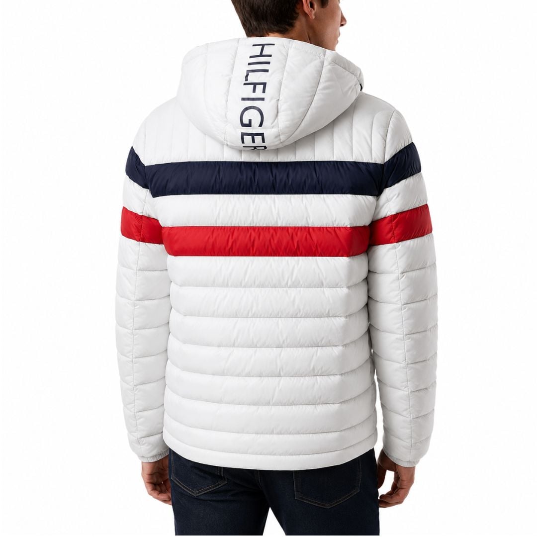 CASACA TOMMY HILFIGER HOMBRE ULTRA LOFT GRIS ACOLCHADA RESISTENTE AL AGUA CON CAPUCHA ESTAMPADA - 4