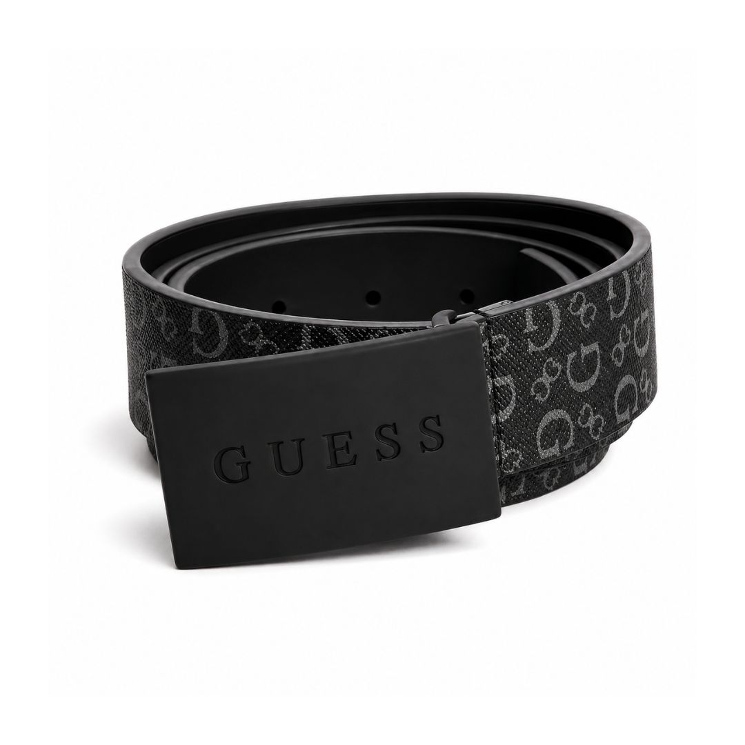CORREA GUESS HOMBRE LOGO PLAQUE REVERSIBLE NEGRO HEBILLA METÁLICA AJUSTABLE - 1