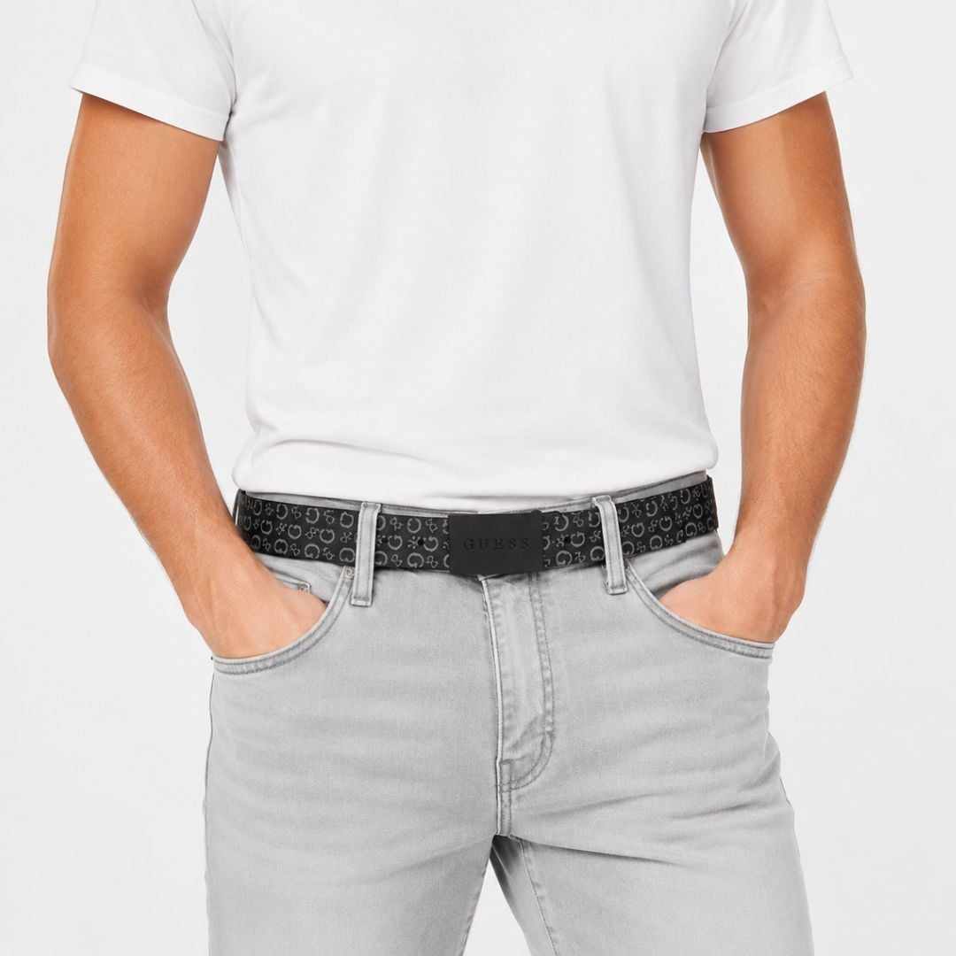 CORREA GUESS HOMBRE LOGO PLAQUE REVERSIBLE NEGRO HEBILLA METÁLICA AJUSTABLE - 3