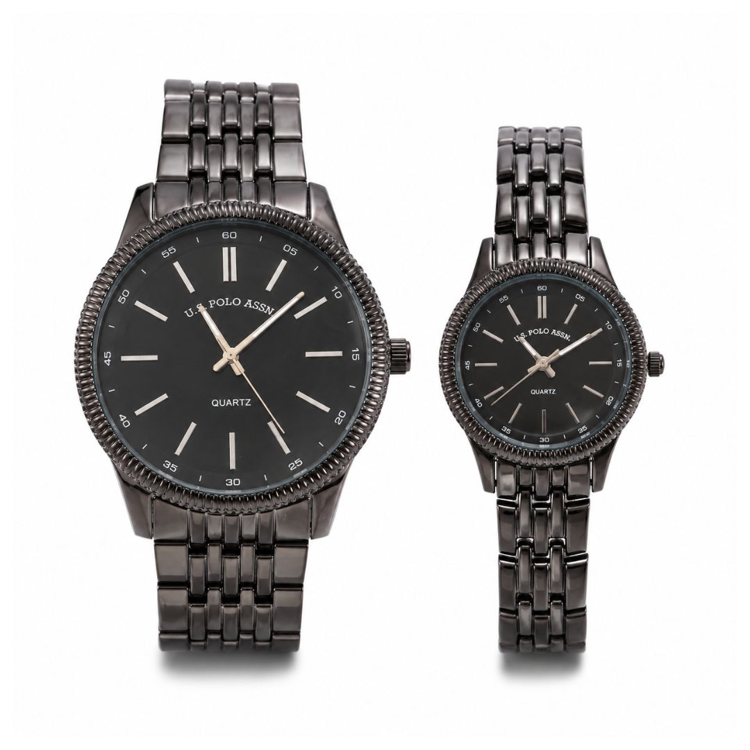 SET RELOJES U.S. POLO ASSN. PARA PAREJA ACERO NEGRO CON CAJA DE REGALO PREMIUM - 1