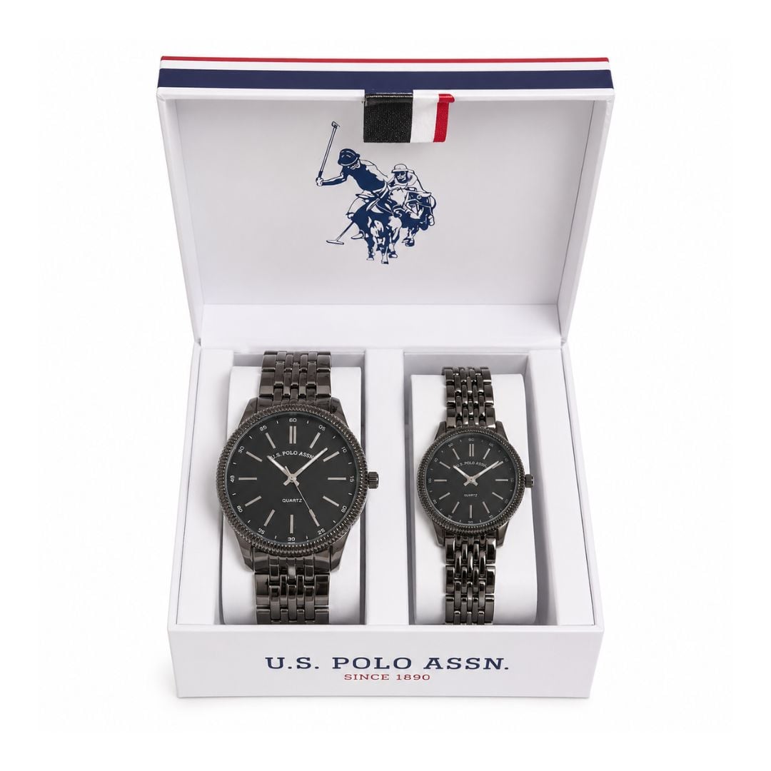 SET RELOJES U.S. POLO ASSN. PARA PAREJA ACERO NEGRO CON CAJA DE REGALO PREMIUM - 2