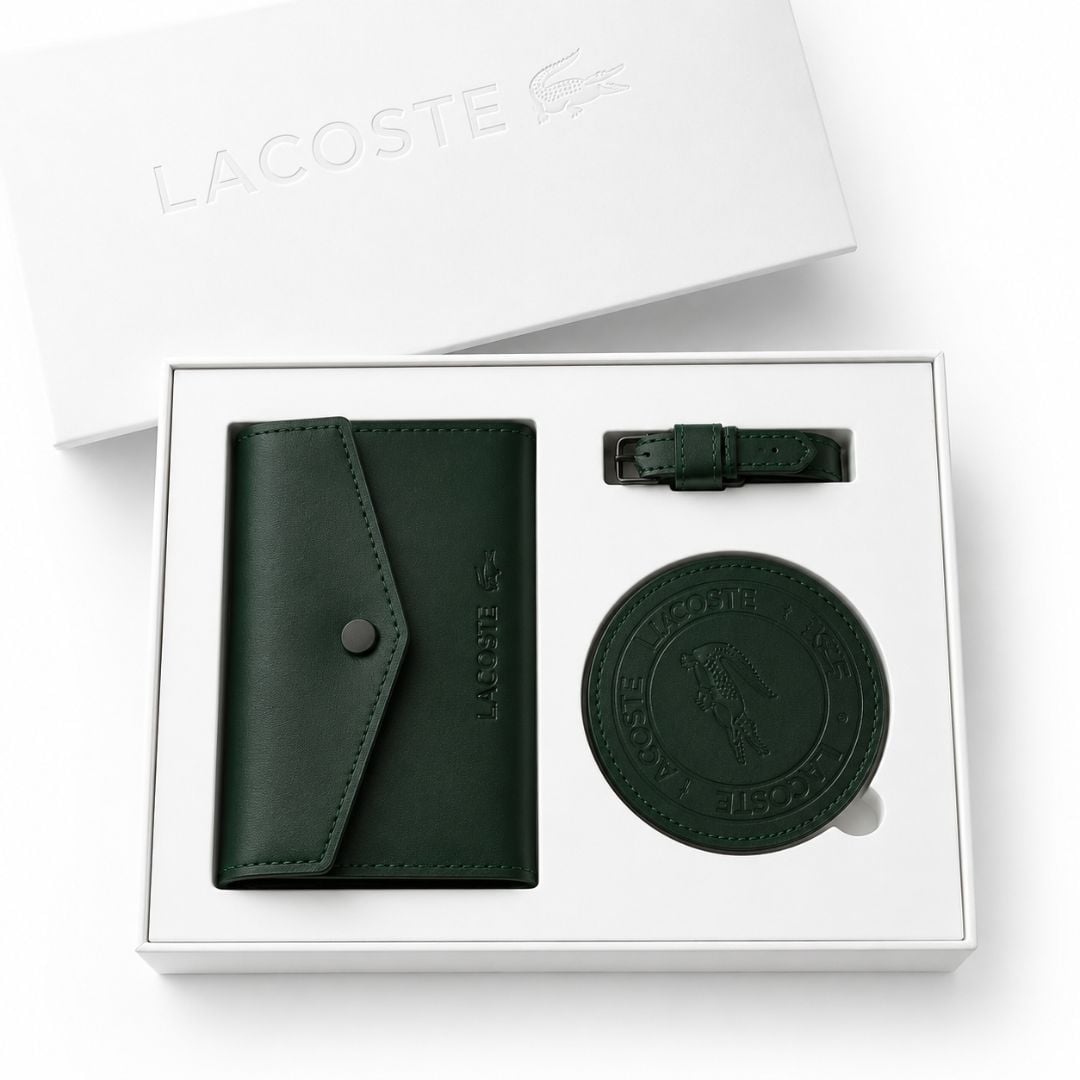 TRAVEL SET LACOSTE PORTA PASAPORTE Y ETIQUETA DE EQUIPAJE CUERO PREMIUM - 1