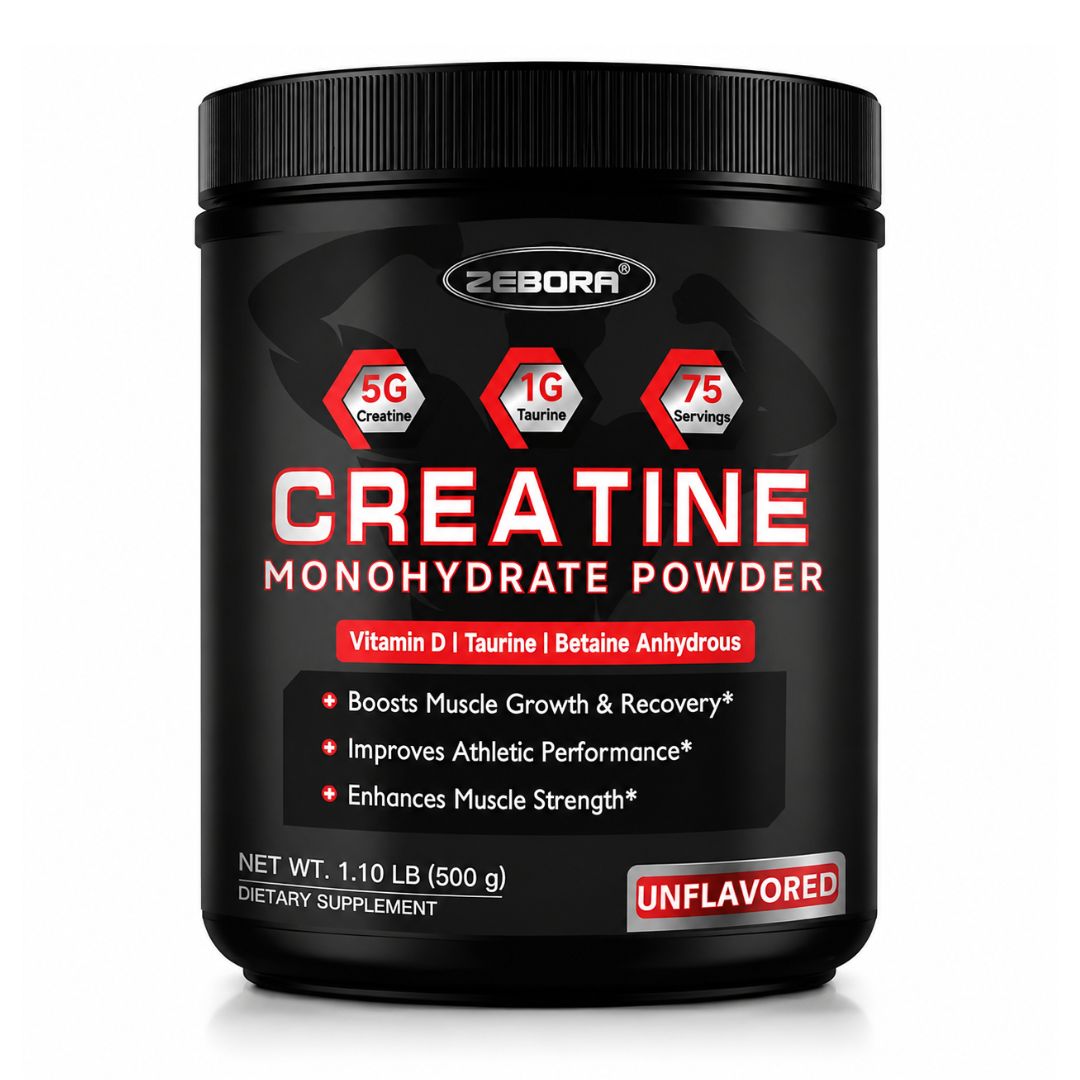 CREATINA MONOHIDRATADA ZEBORA 500 G MONOHIDRATADA CON TAURINA 75 PORCIONES PARA HOMBRE Y MUJER - 1