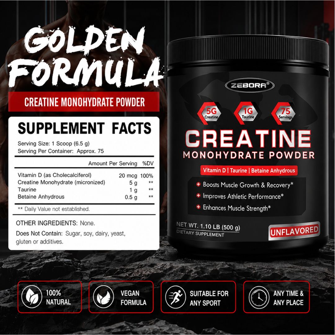 CREATINA MONOHIDRATADA ZEBORA 500 G MONOHIDRATADA CON TAURINA 75 PORCIONES PARA HOMBRE Y MUJER - 2