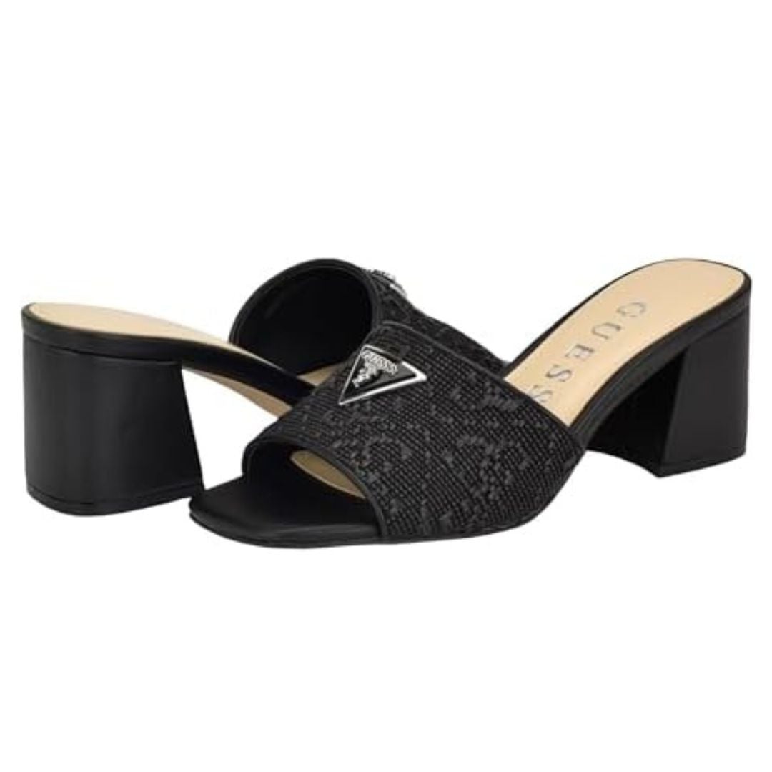 SANDALIAS GUESS MUJER GABLES TACÓN MONOGRAMA QUATTRO G LOGOTIPO TRIANGULAR NEGRO - 1