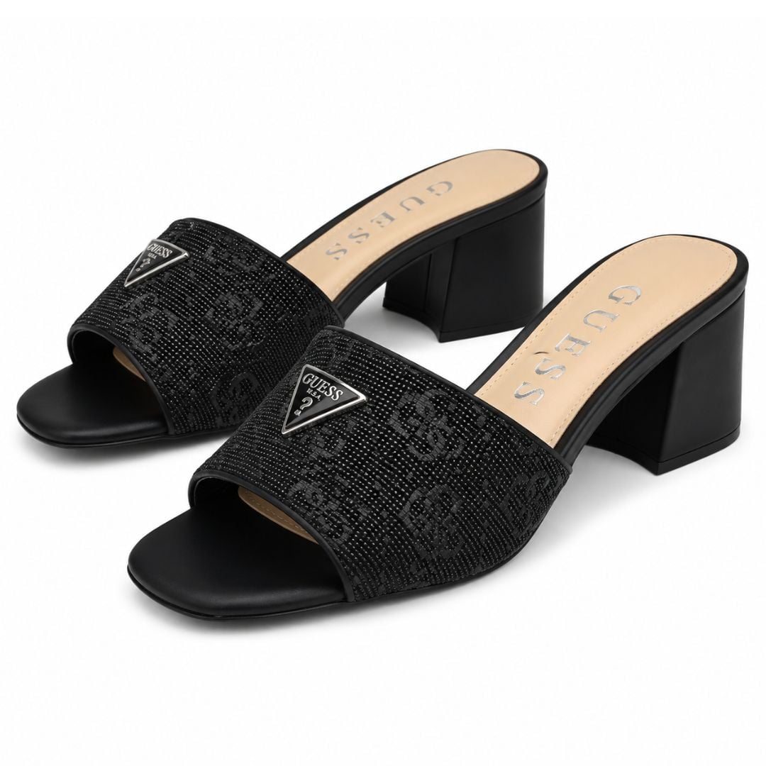 SANDALIAS GUESS MUJER GABLES TACÓN MONOGRAMA QUATTRO G LOGOTIPO TRIANGULAR NEGRO - 5