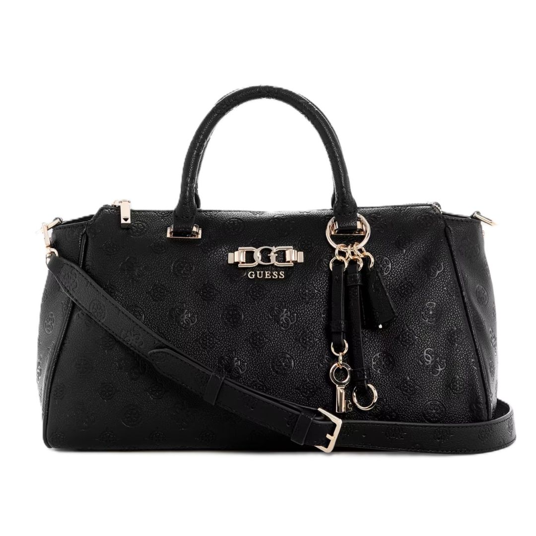 CARTERA GUESS MUJER ANISE SATCHEL BAG NEGRO MONOGRAMA CHARM LLAVERO CORREA AJUSTABLE - 1