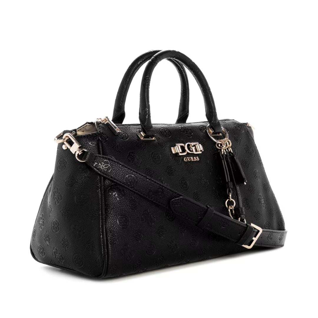 CARTERA GUESS MUJER ANISE SATCHEL BAG NEGRO MONOGRAMA CHARM LLAVERO CORREA AJUSTABLE - 2