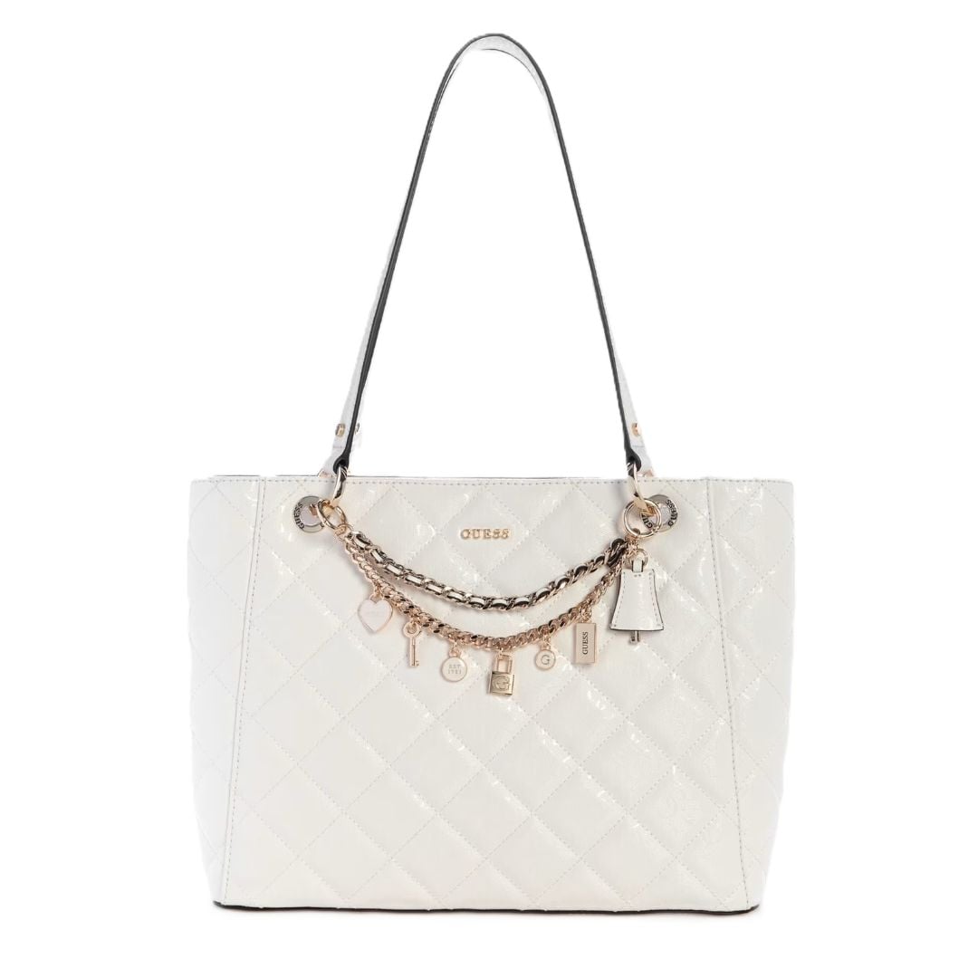 CARTERA GUESS MUJER LIBBY QUILTED SHOPPER BLANCO ACOLCHADO CADENA CHARM TOTE - 1