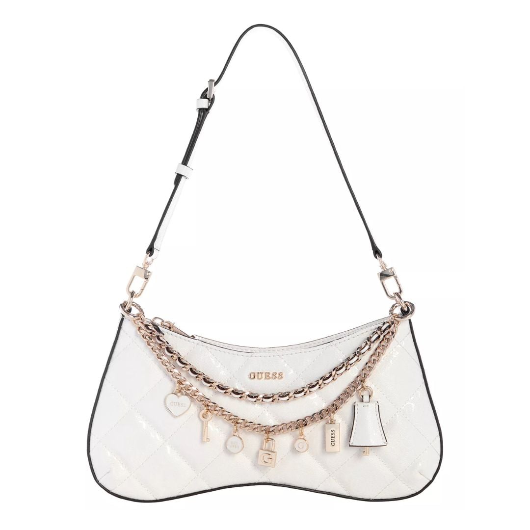 CARTERA GUESS MUJER LIBBY TOP ZIP SHOULDER BLANCO ACOLCHADO CADENA CHARM MONOGRAMA ACHAROLADO - 1