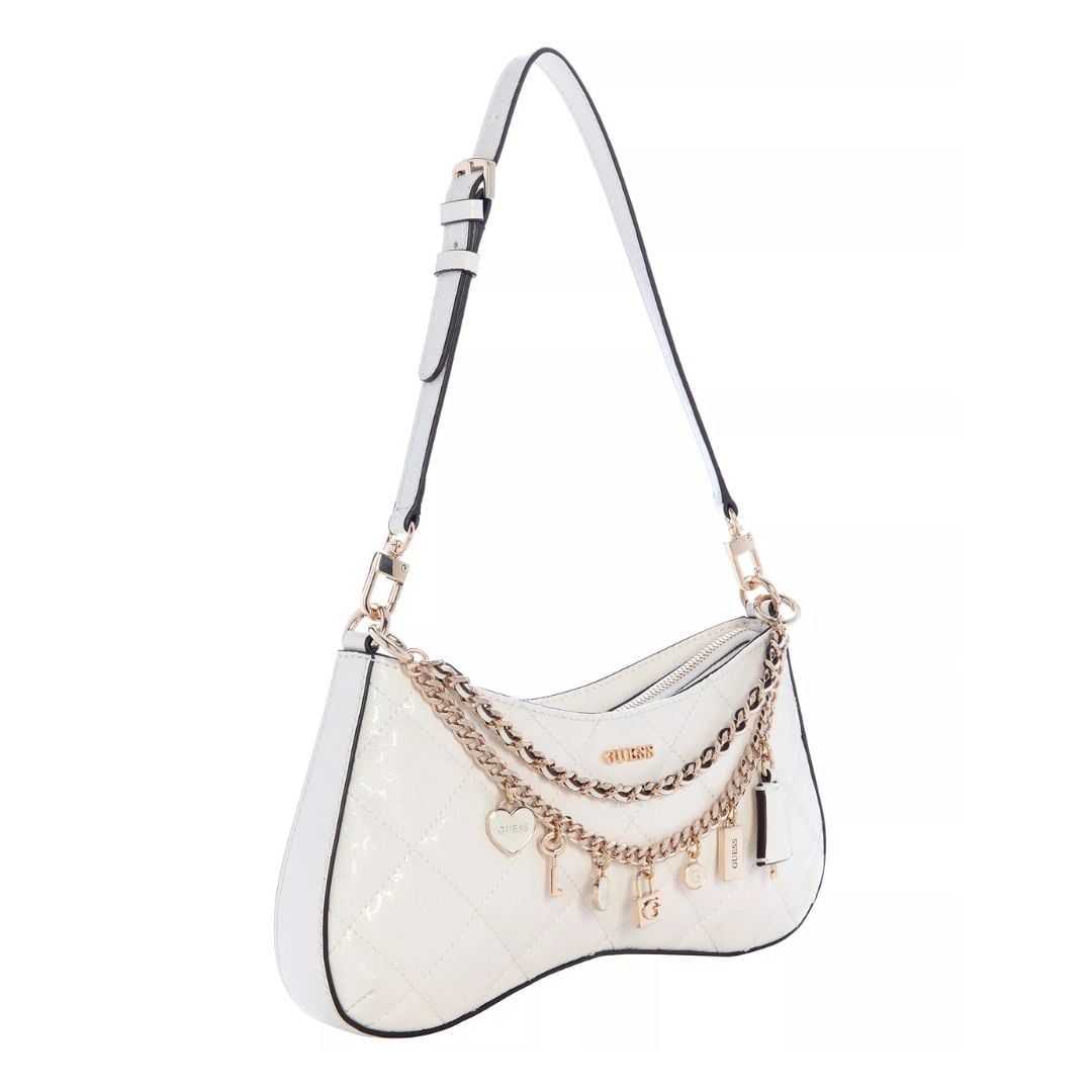 CARTERA GUESS MUJER LIBBY TOP ZIP SHOULDER BLANCO ACOLCHADO CADENA CHARM MONOGRAMA ACHAROLADO - 2