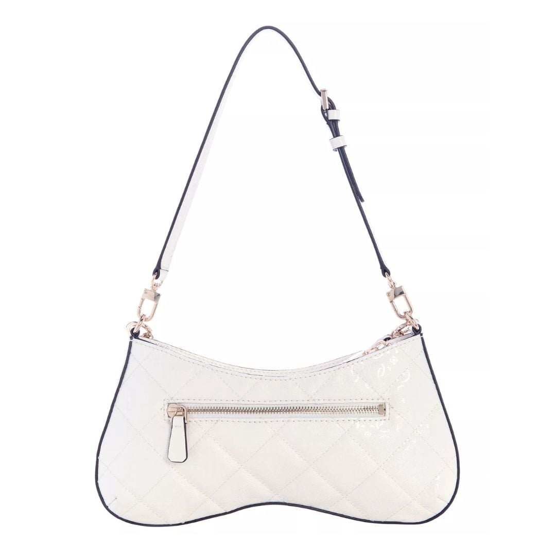 CARTERA GUESS MUJER LIBBY TOP ZIP SHOULDER BLANCO ACOLCHADO CADENA CHARM MONOGRAMA ACHAROLADO - 3