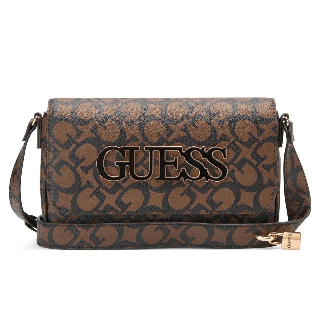 CARTERA GUESS MUJER REINEE FOLD-OVER CROSSBODY MARRÓN LOGO MONOGRAMA CORREA AJUSTABLE - 1
