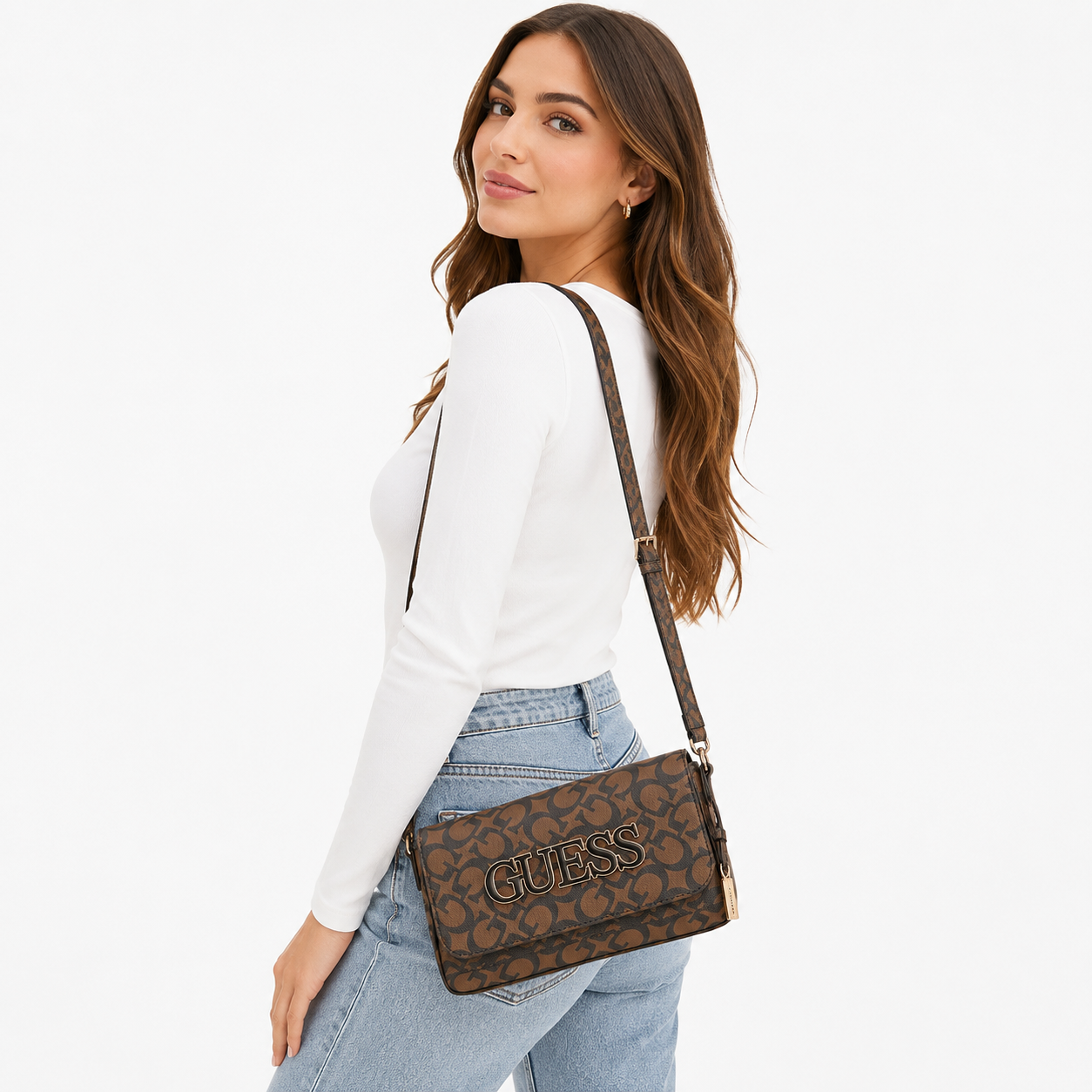 CARTERA GUESS MUJER REINEE FOLD-OVER CROSSBODY MARRÓN LOGO MONOGRAMA CORREA AJUSTABLE - 5
