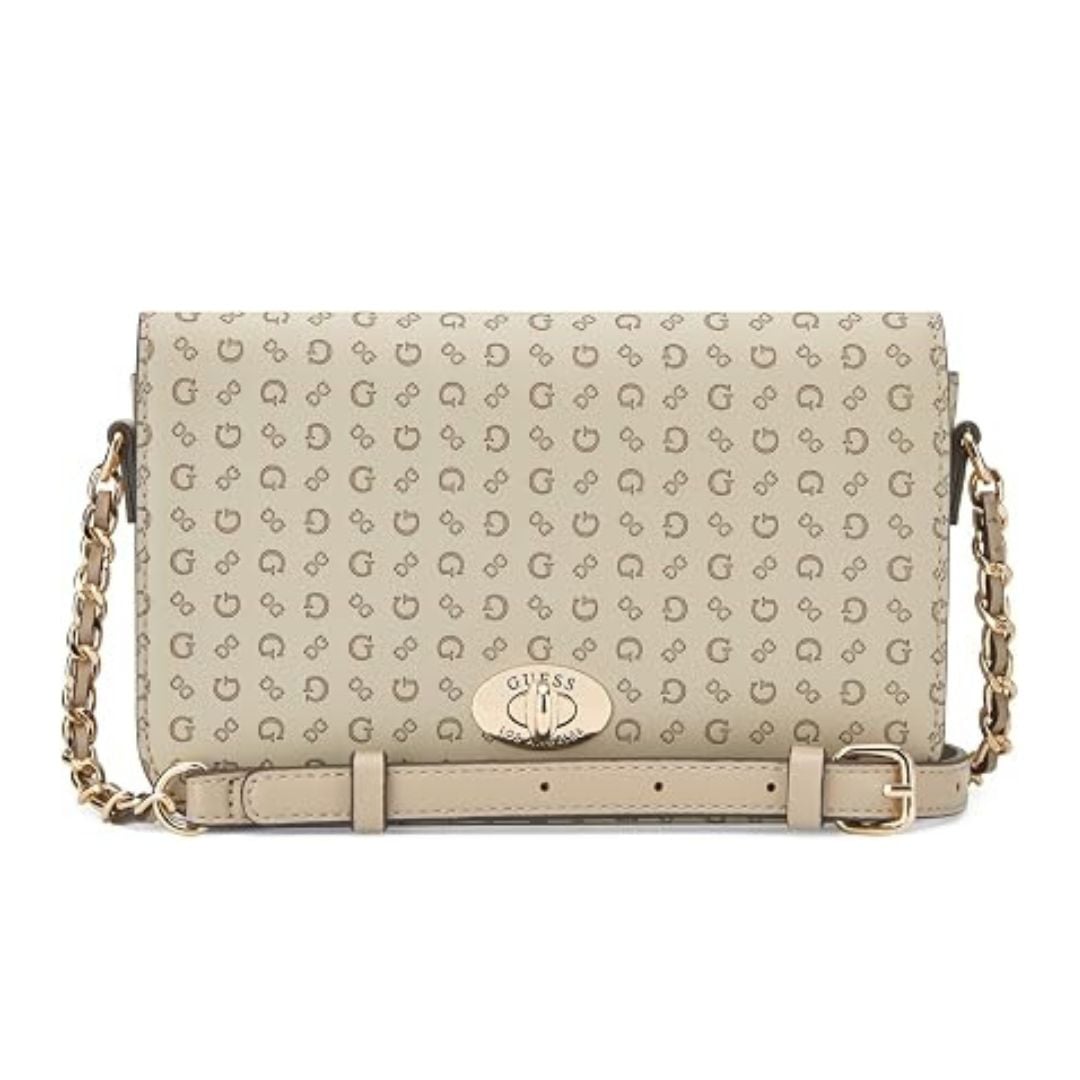 CARTERA GUESS MUJER BALLANTYNE CROSSBODY BEIGE MONOGRAMA ALTO RELIEVE CADENA DORADA - 1