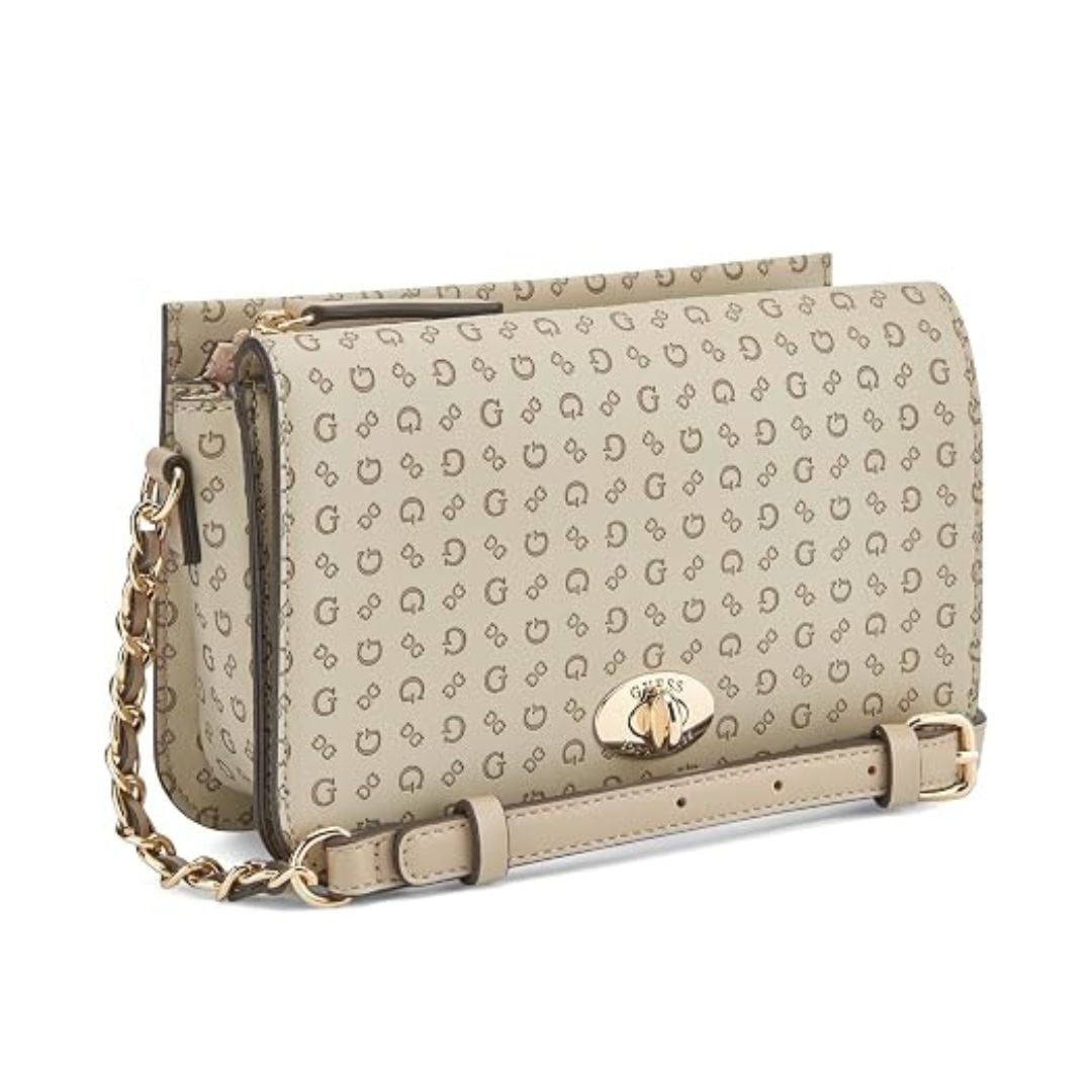 CARTERA GUESS MUJER BALLANTYNE CROSSBODY BEIGE MONOGRAMA ALTO RELIEVE CADENA DORADA - 2