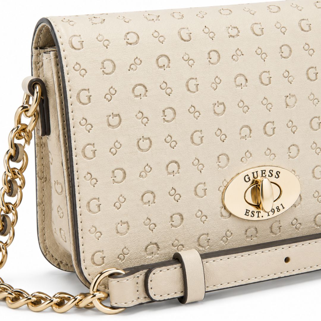 CARTERA GUESS MUJER BALLANTYNE CROSSBODY BEIGE MONOGRAMA ALTO RELIEVE CADENA DORADA - 6