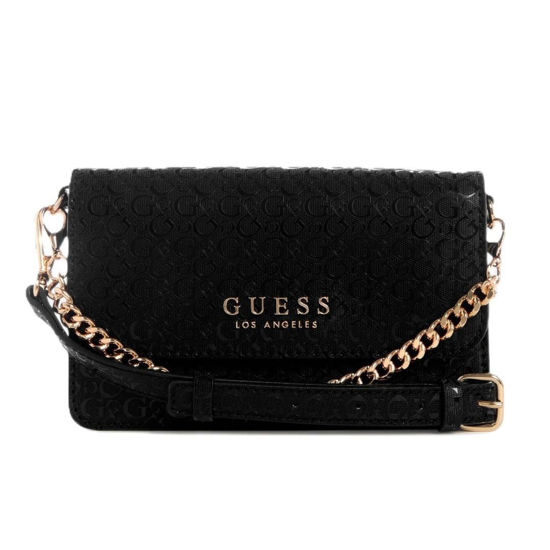 CARTERA GUESS MUJER INDIRA SHINY LOGO CROSSBODY NEGRO MONOGRAMA ACHAROLADO CADENA DORADA - 1