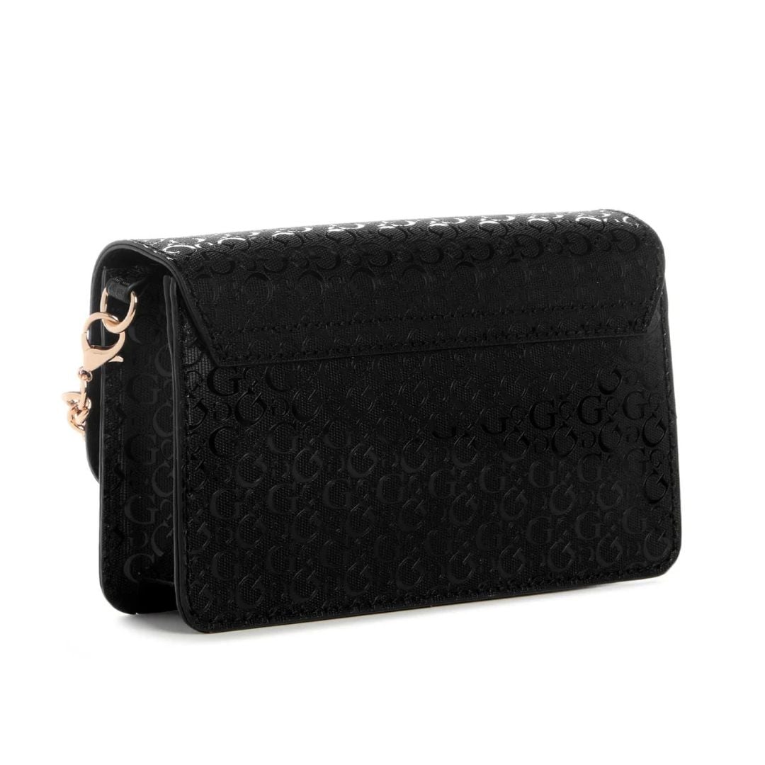 CARTERA GUESS MUJER INDIRA SHINY LOGO CROSSBODY NEGRO MONOGRAMA ACHAROLADO CADENA DORADA - 2