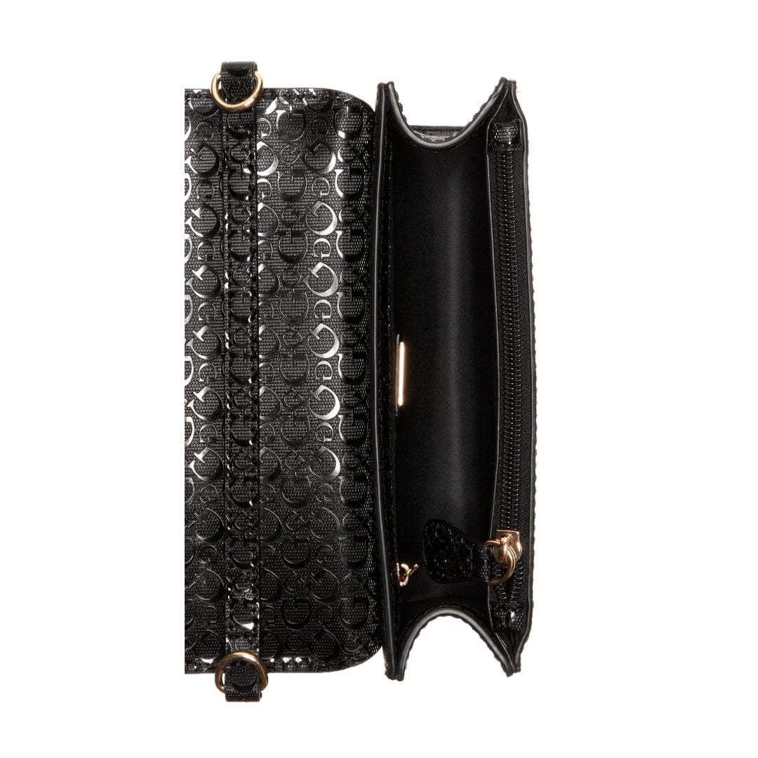 CARTERA GUESS MUJER INDIRA SHINY LOGO CROSSBODY NEGRO MONOGRAMA ACHAROLADO CADENA DORADA - 3
