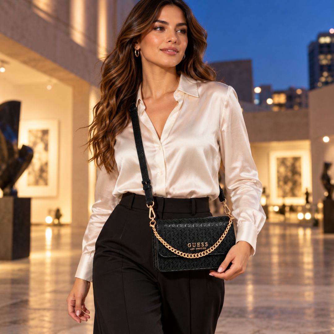 CARTERA GUESS MUJER INDIRA SHINY LOGO CROSSBODY NEGRO MONOGRAMA ACHAROLADO CADENA DORADA - 6