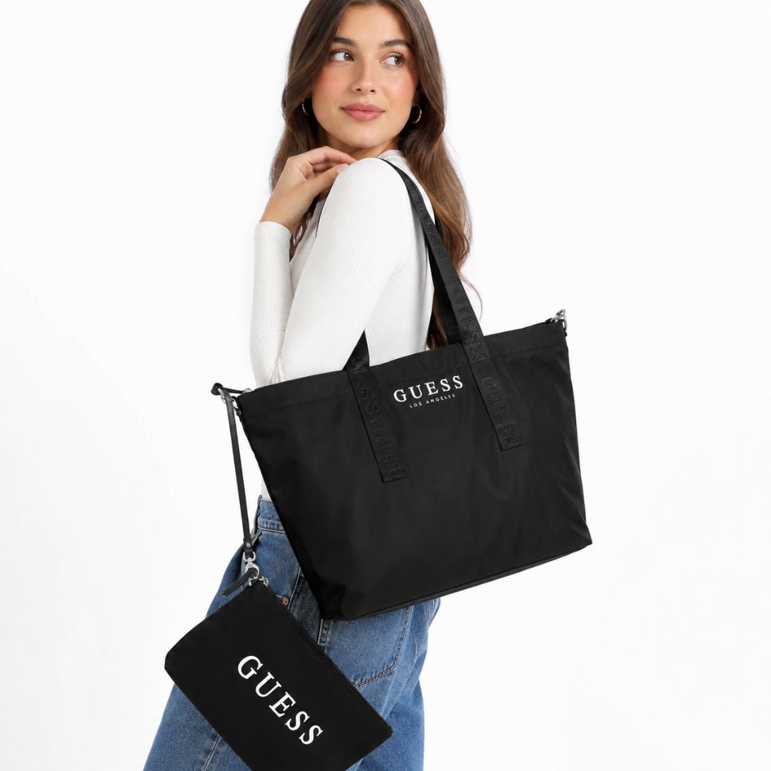 CARTERA GUESS MUJER NYLON TOTE BAG TRAVEL SET NEGRO BOLSO VIAJE POUCH DESMONTABLE - 3