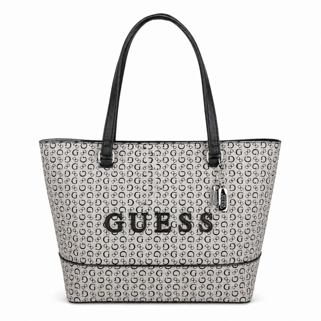 CARTERA GUESS MUJER RODNEY LOGO TOTE BAG NEGRO MONOGRAMA CHARM METÁLICO - 1