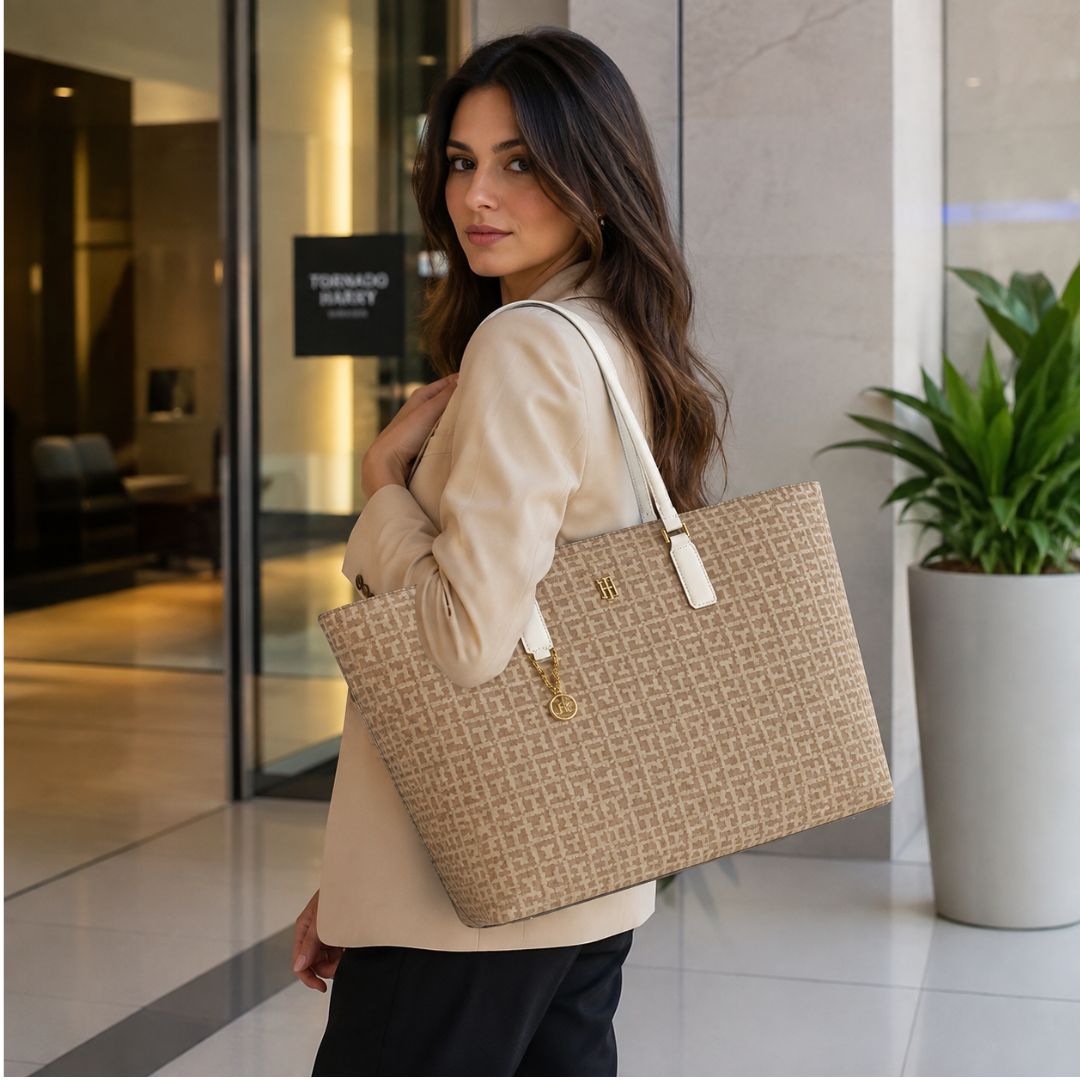 CARTERA TOMMY HILFIGER MUJER TEXTURE TOTE BAG BEIGE MONOGRAMA TH LOGO CHARM - 5