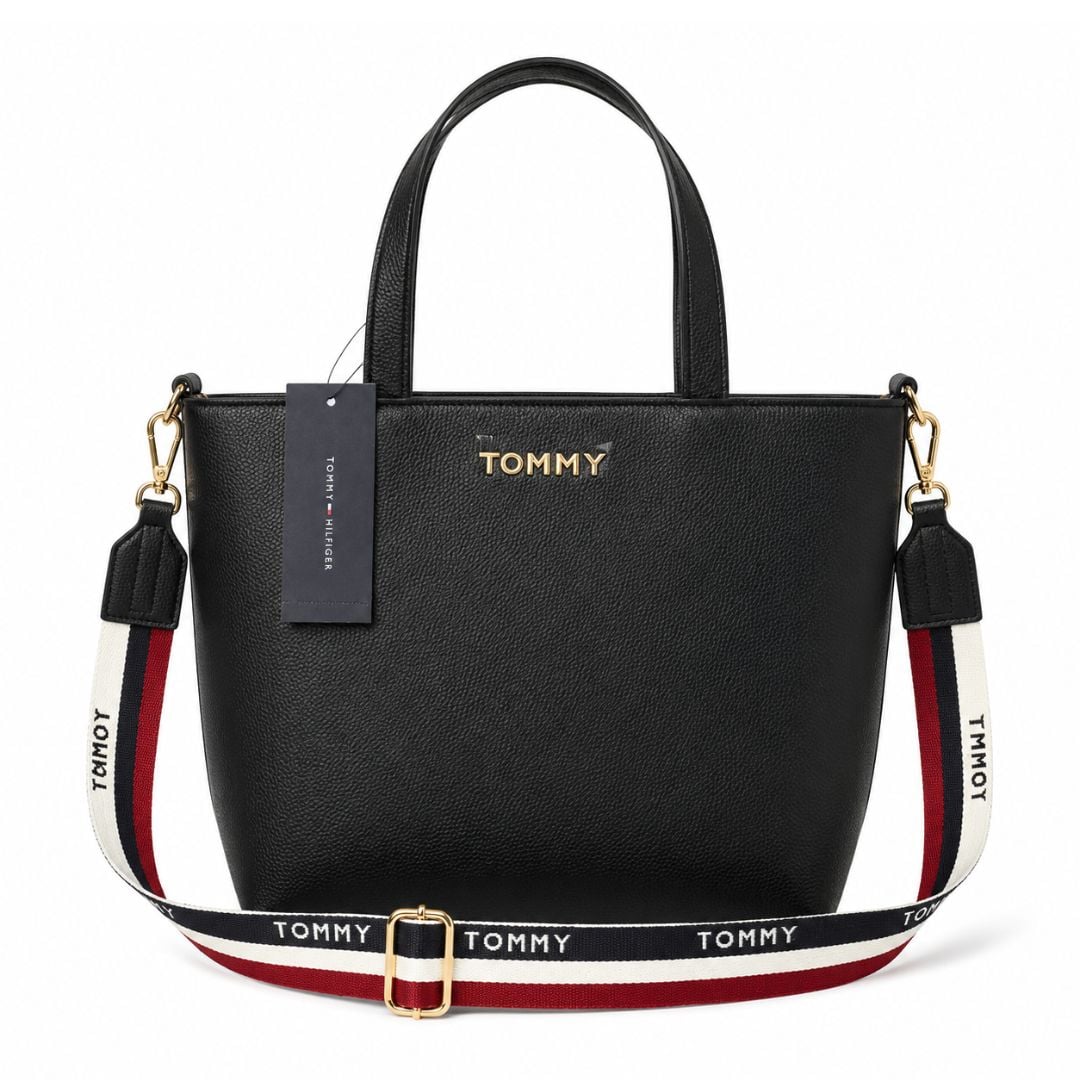 CARTERA TOMMY HILFIGER MUJER TOP HANDLE MINI TOTE NEGRO CON CORREA AJUSTABLE TRICOLOR - 1