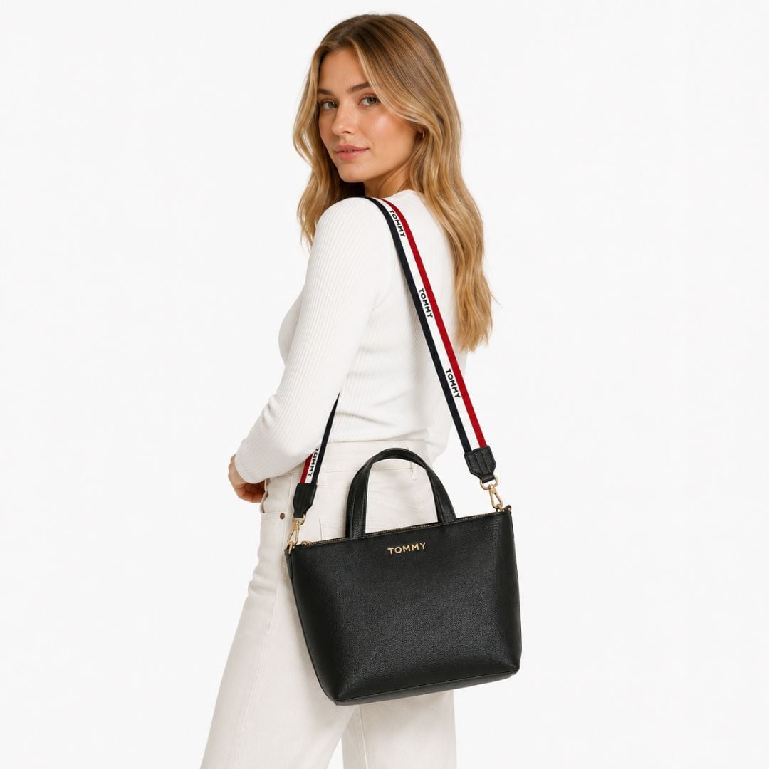 CARTERA TOMMY HILFIGER MUJER TOP HANDLE MINI TOTE NEGRO CON CORREA AJUSTABLE TRICOLOR - 5