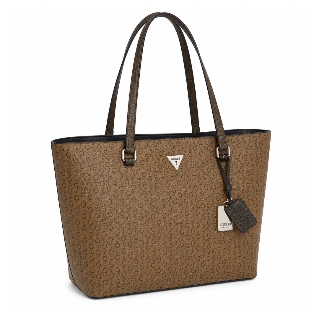 CARTERA GUESS MUJER JILLIAN TOTE MARRÓN LOGO MONOGRAM CHARM PLATEADO - 2
