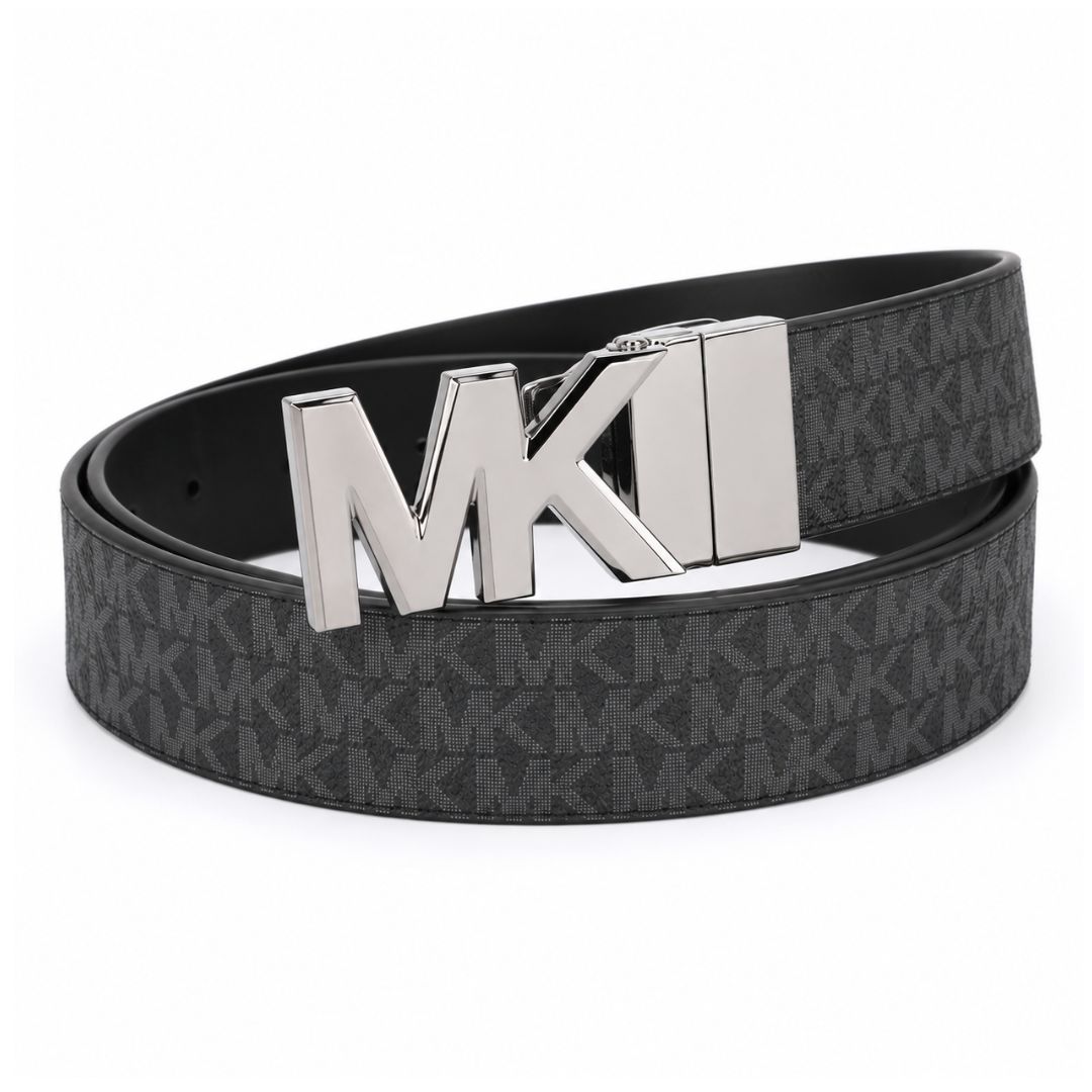 CORREA MICHAEL KORS MUJER REVERSIBLE PLAQUE LOGO NEGRA MONOGRAM CON HEBILLA MK PLATEADA - 2
